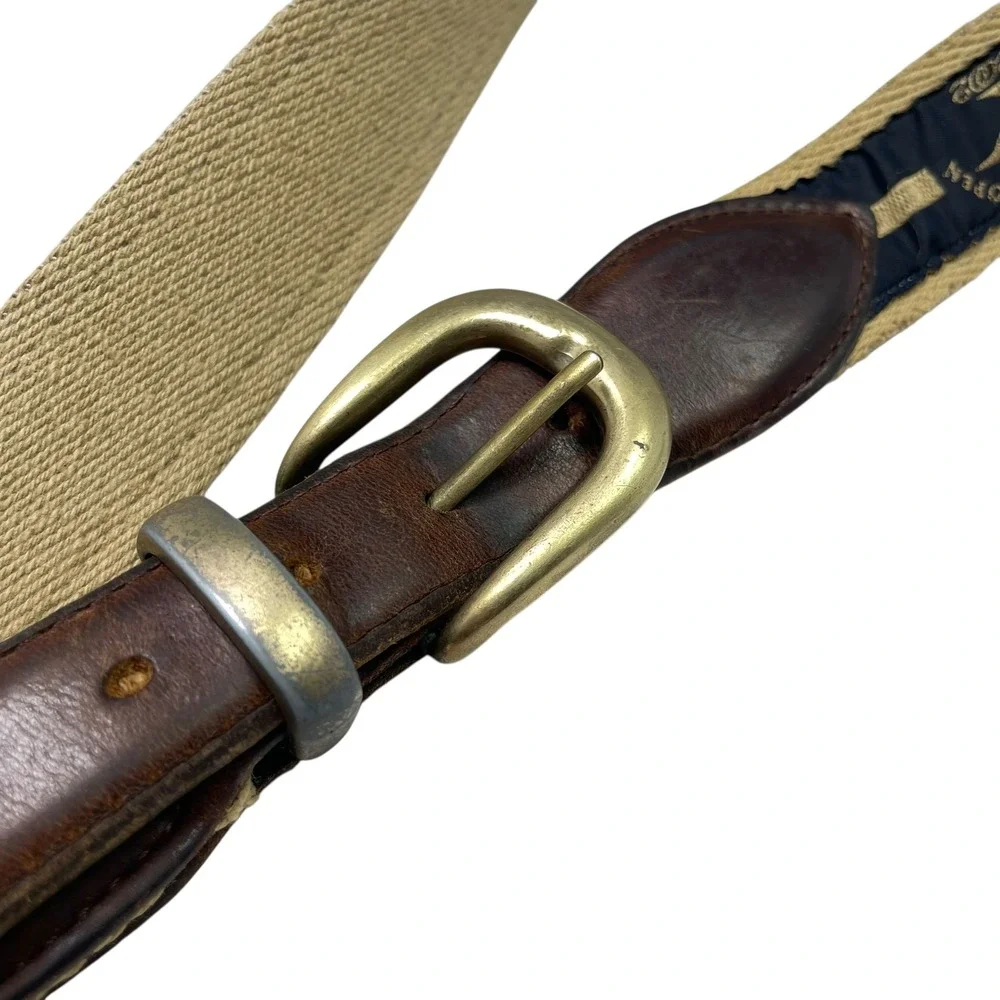 Vintage YRI Men's Golf Belt 42/105 Caves MD 2002 US Senior Open Design‎ Tan Navy